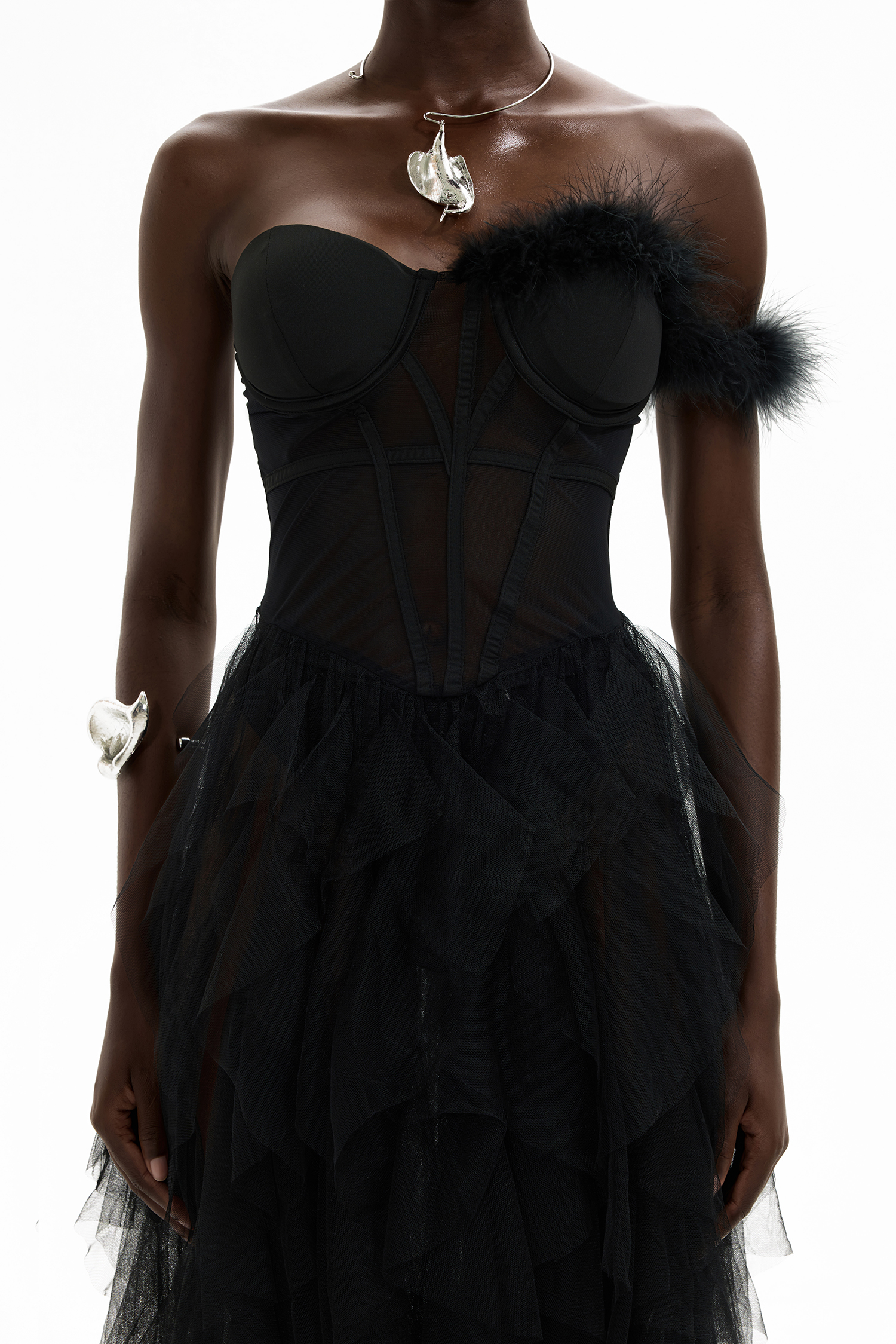 One Shoulder Feather Trimmed Maxi Dress