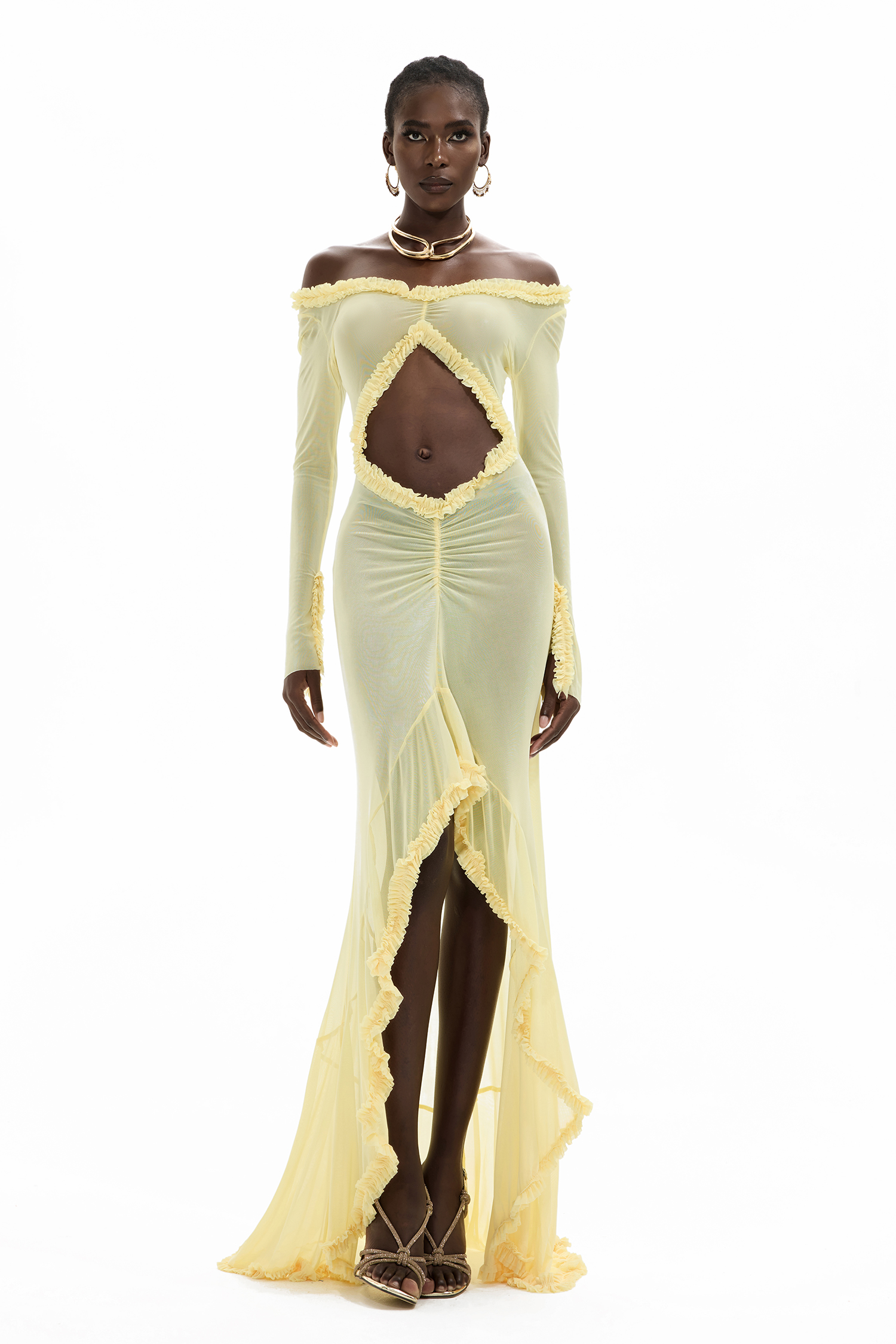 Mesh Cut-Out Off Shoulder Maxi Dress