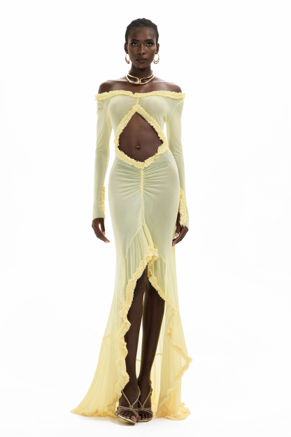Mesh Cut-Out Off Shoulder Maxi Dress