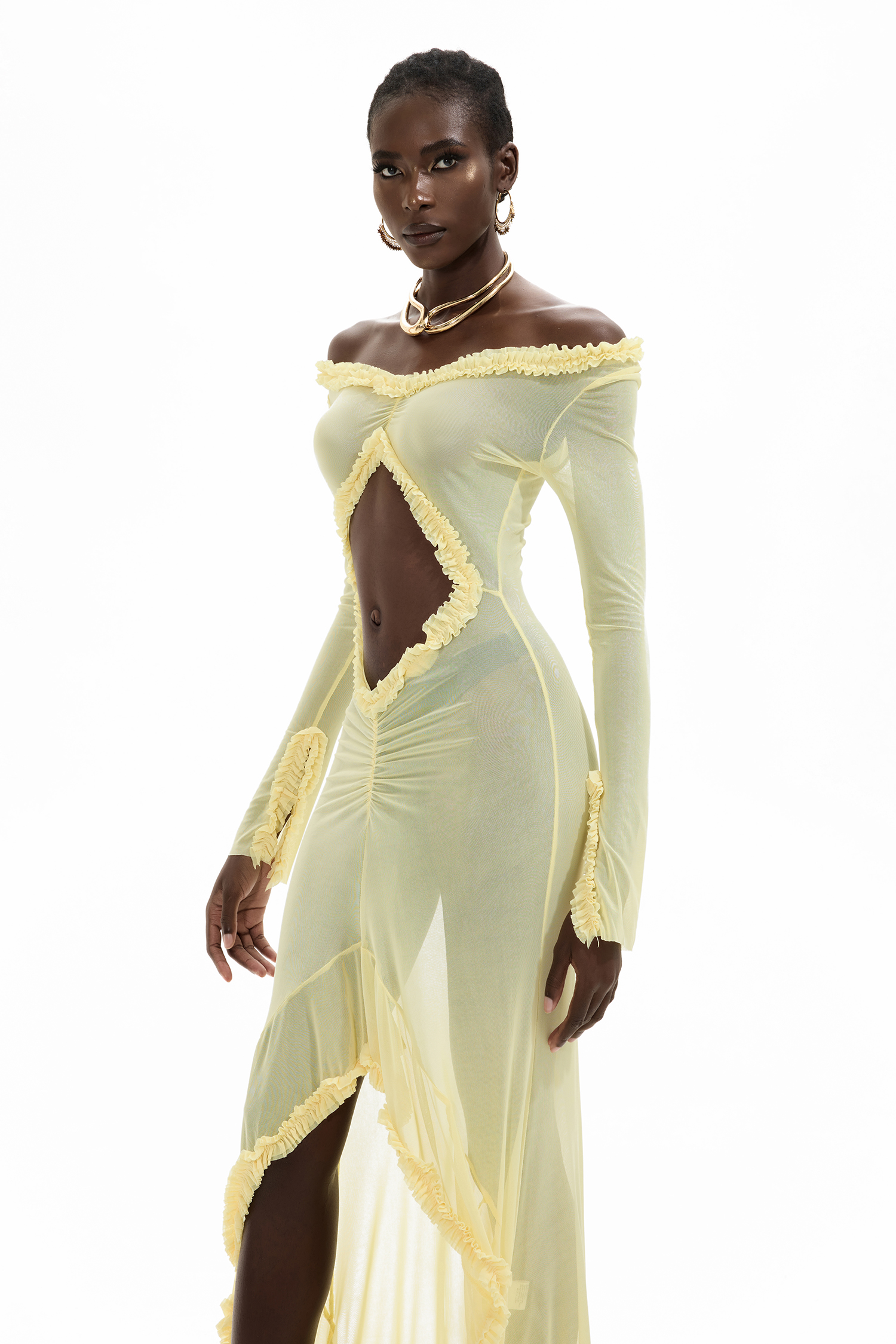 Mesh Cut-Out Off Shoulder Maxi Dress