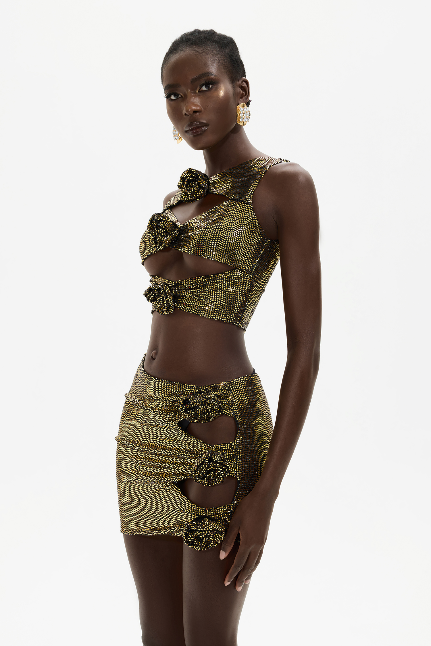 Sequin 3D Flower Cut-Out Mini Top & Mid Waist Mini Skirt Set