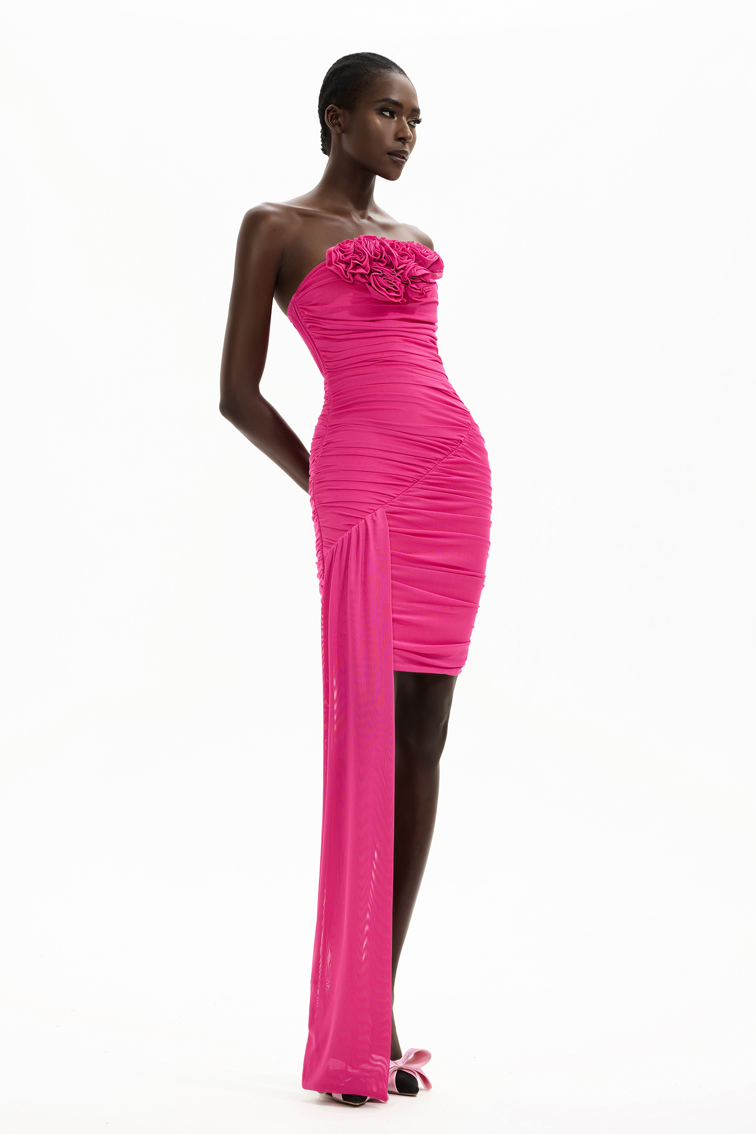 Mesh 3D Flower Strapless Mini Dress