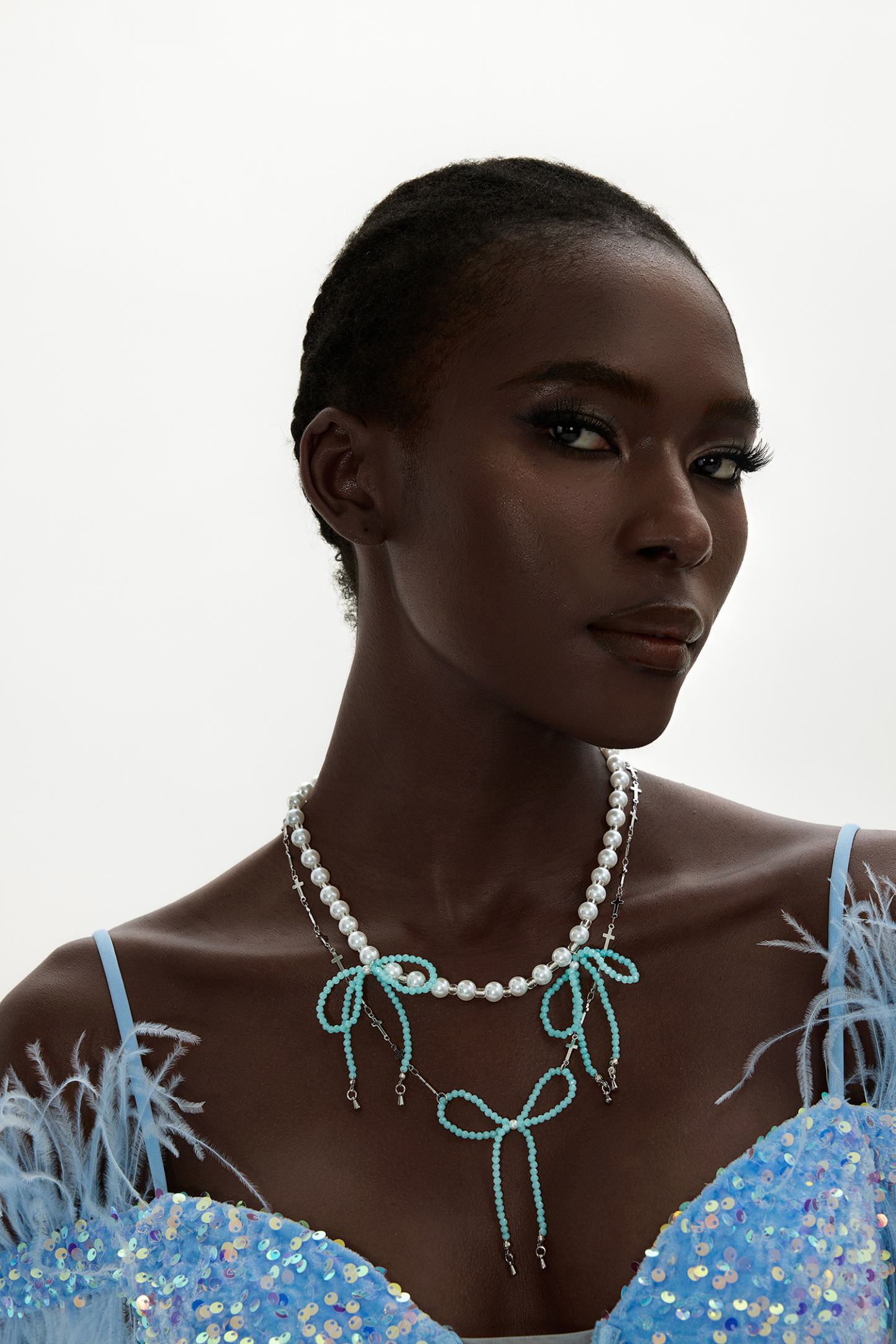 Beaded Bow Faux Pearl Two-Layered Necklace