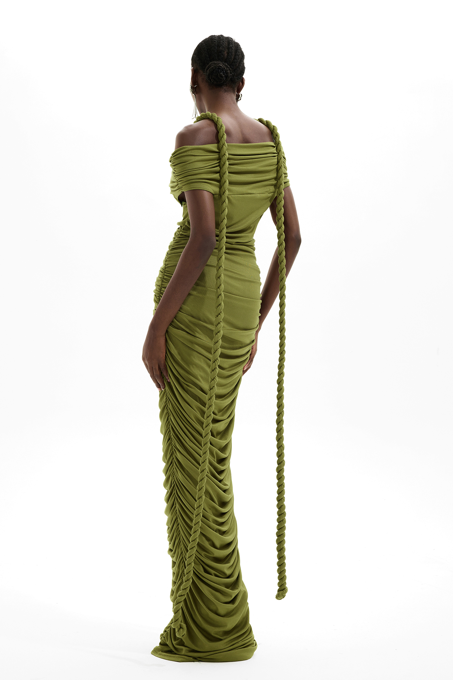 Solid One-Shoulder Pleated Maxi Dress