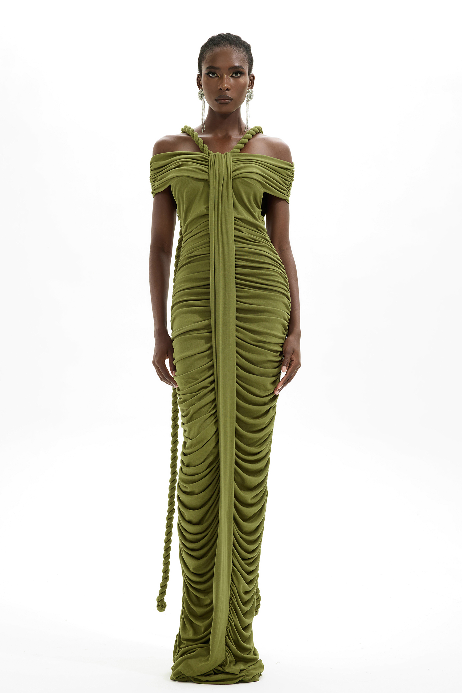 Solid One-Shoulder Pleated Maxi Dress