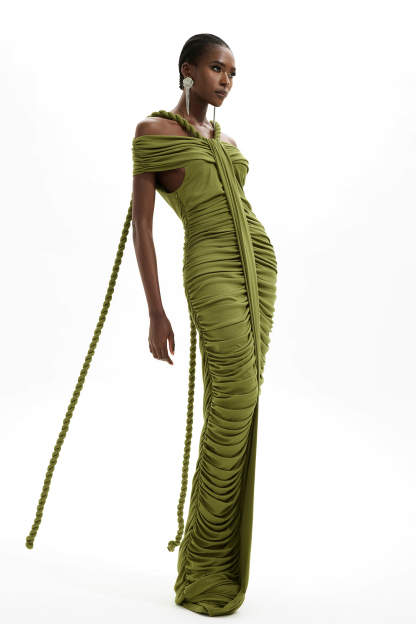 Solid One-Shoulder Pleated Maxi Dress