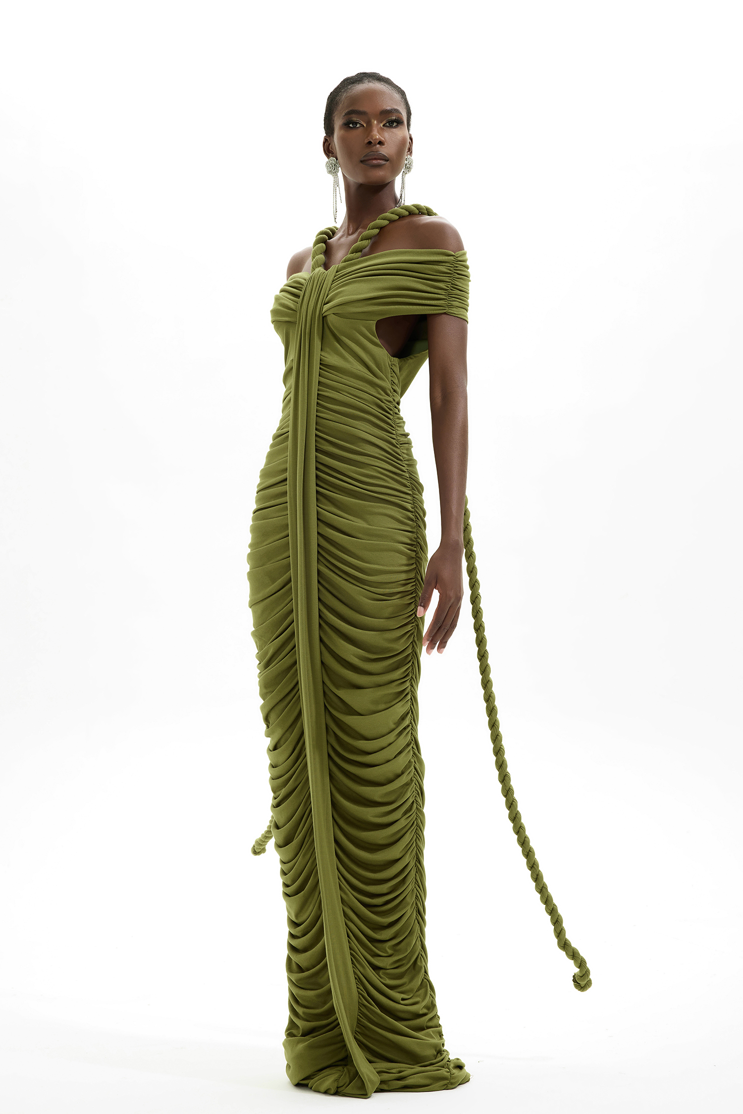 Solid One-Shoulder Pleated Maxi Dress