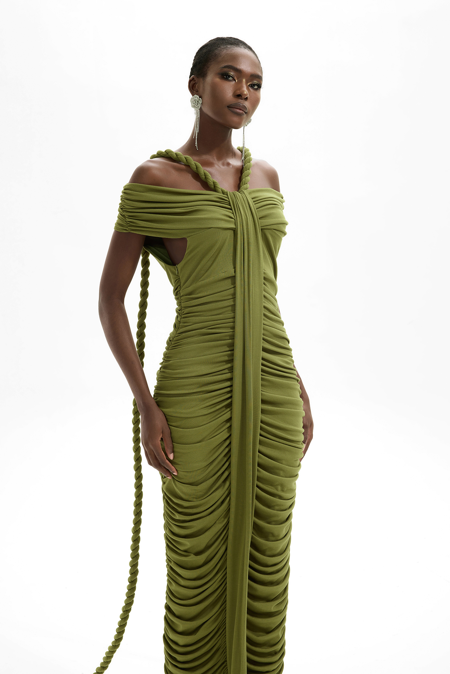 Solid One-Shoulder Pleated Maxi Dress