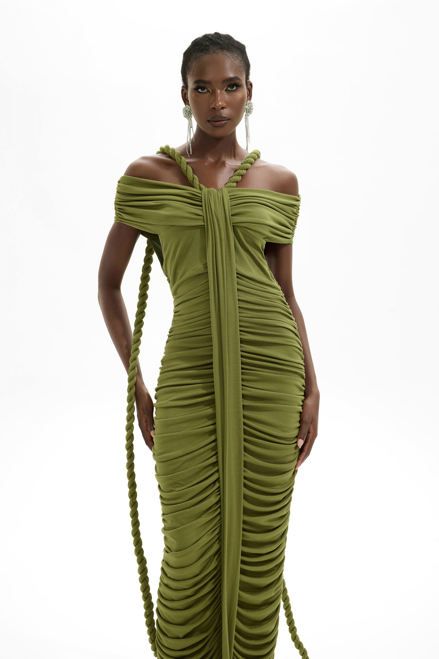 Solid One-Shoulder Pleated Maxi Dress