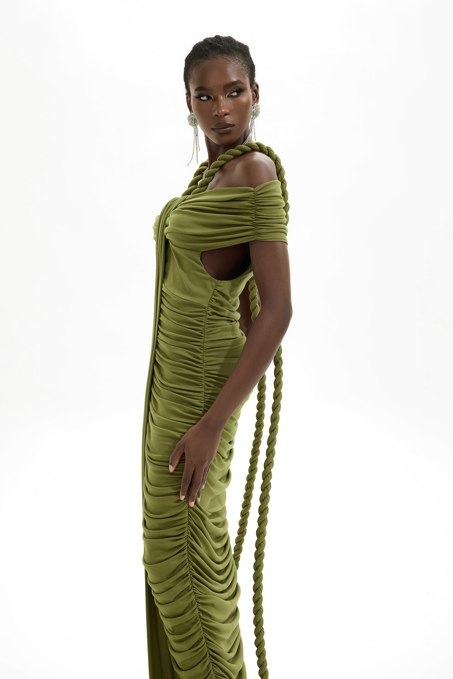 Solid One-Shoulder Pleated Maxi Dress