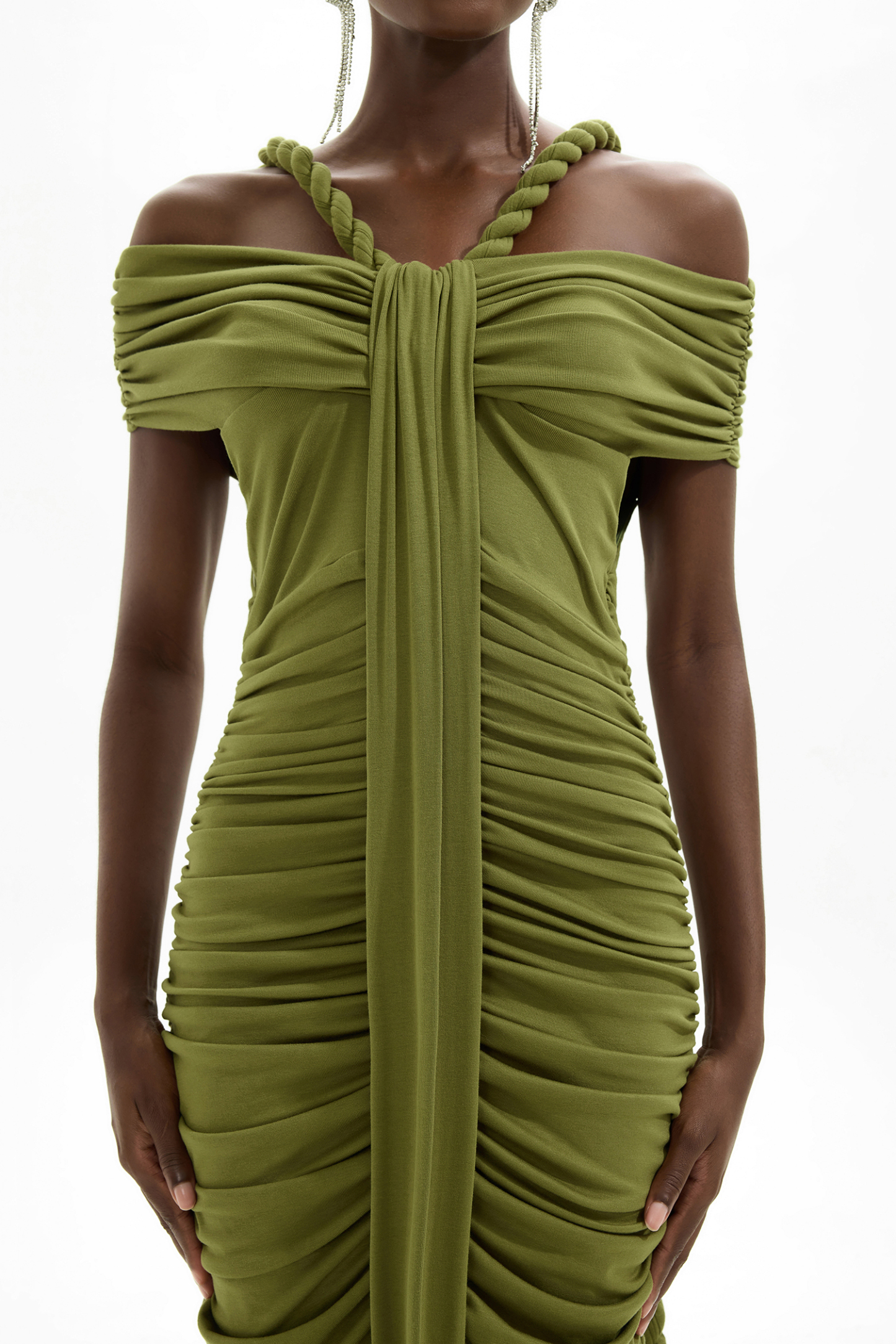 Solid One-Shoulder Pleated Maxi Dress