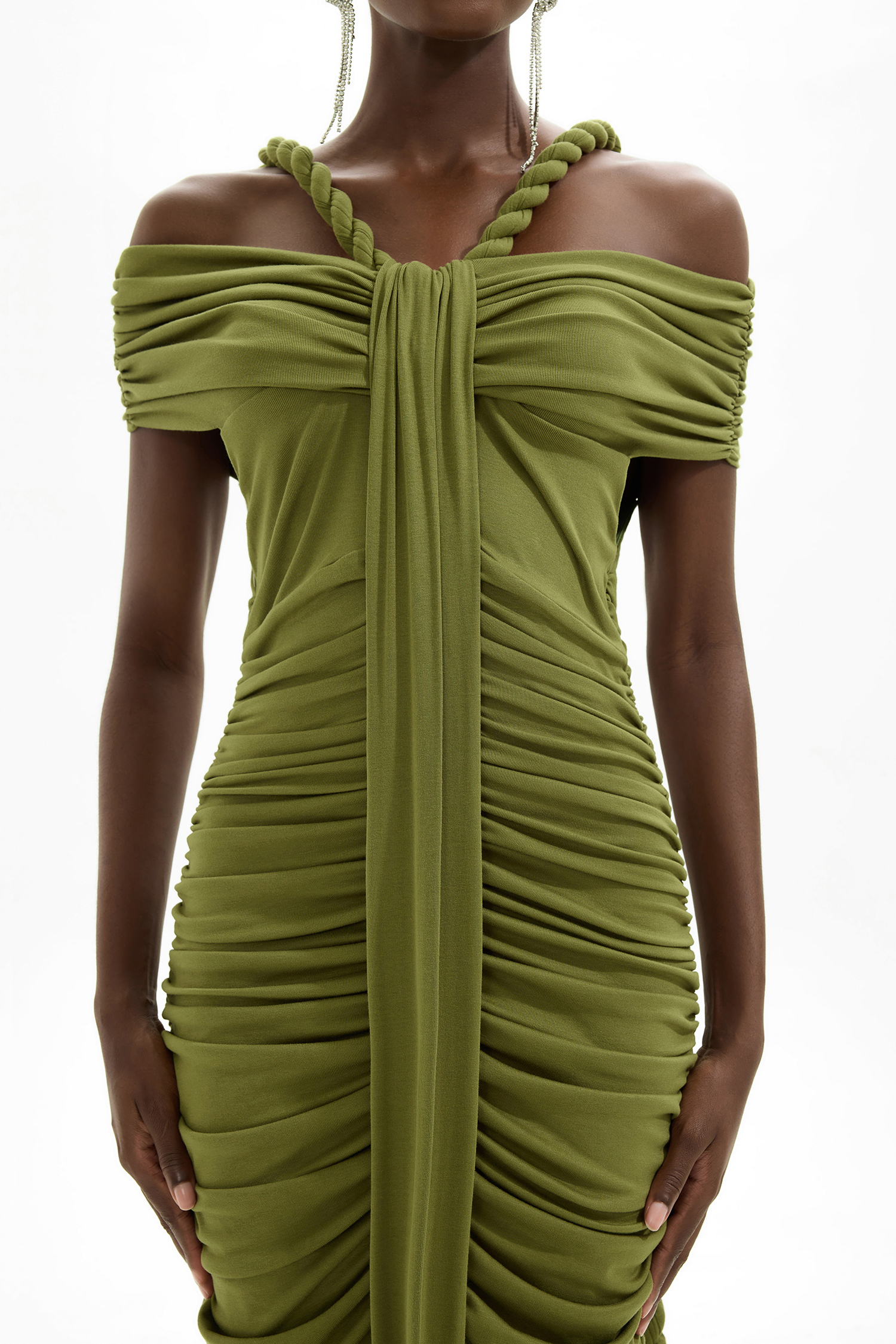 Solid One-Shoulder Pleated Maxi Dress