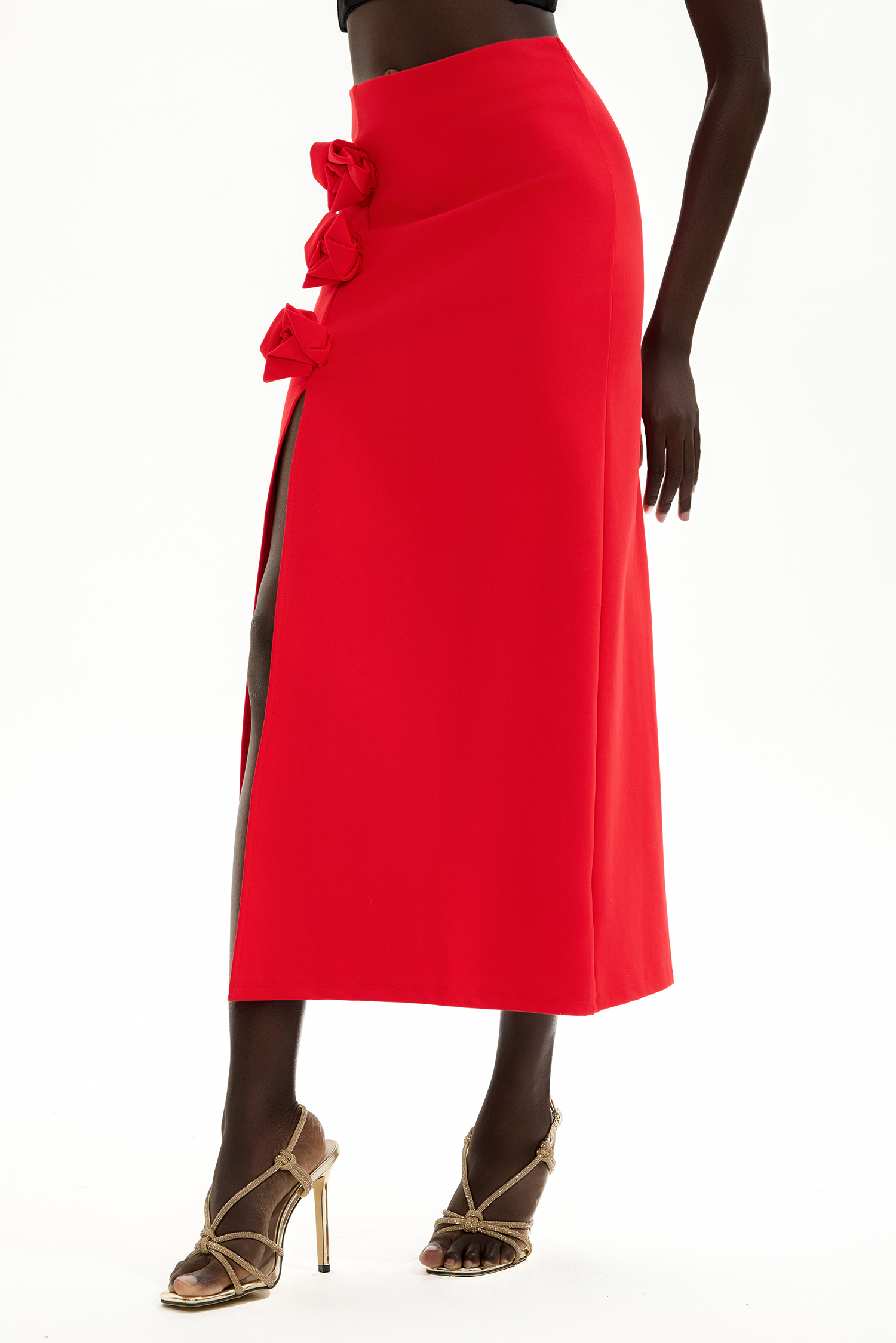 3D Flower High Waist Split Midi Skirt