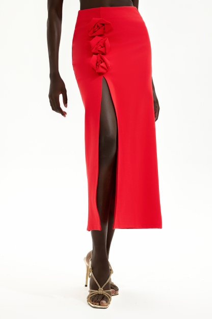 3D Flower High Waist Split Midi Skirt