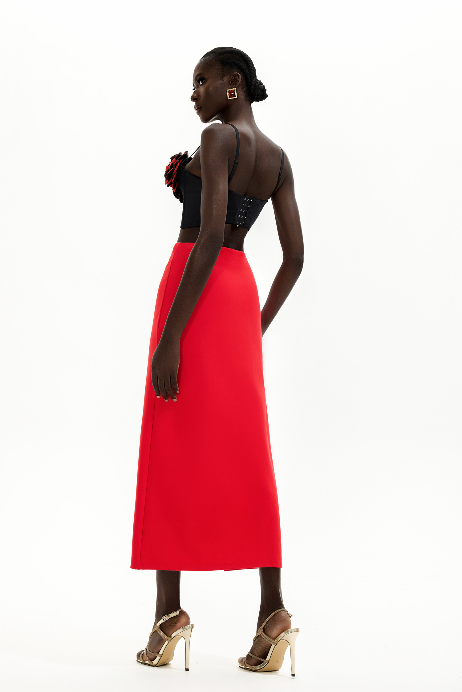 3D Flower High Waist Split Midi Skirt