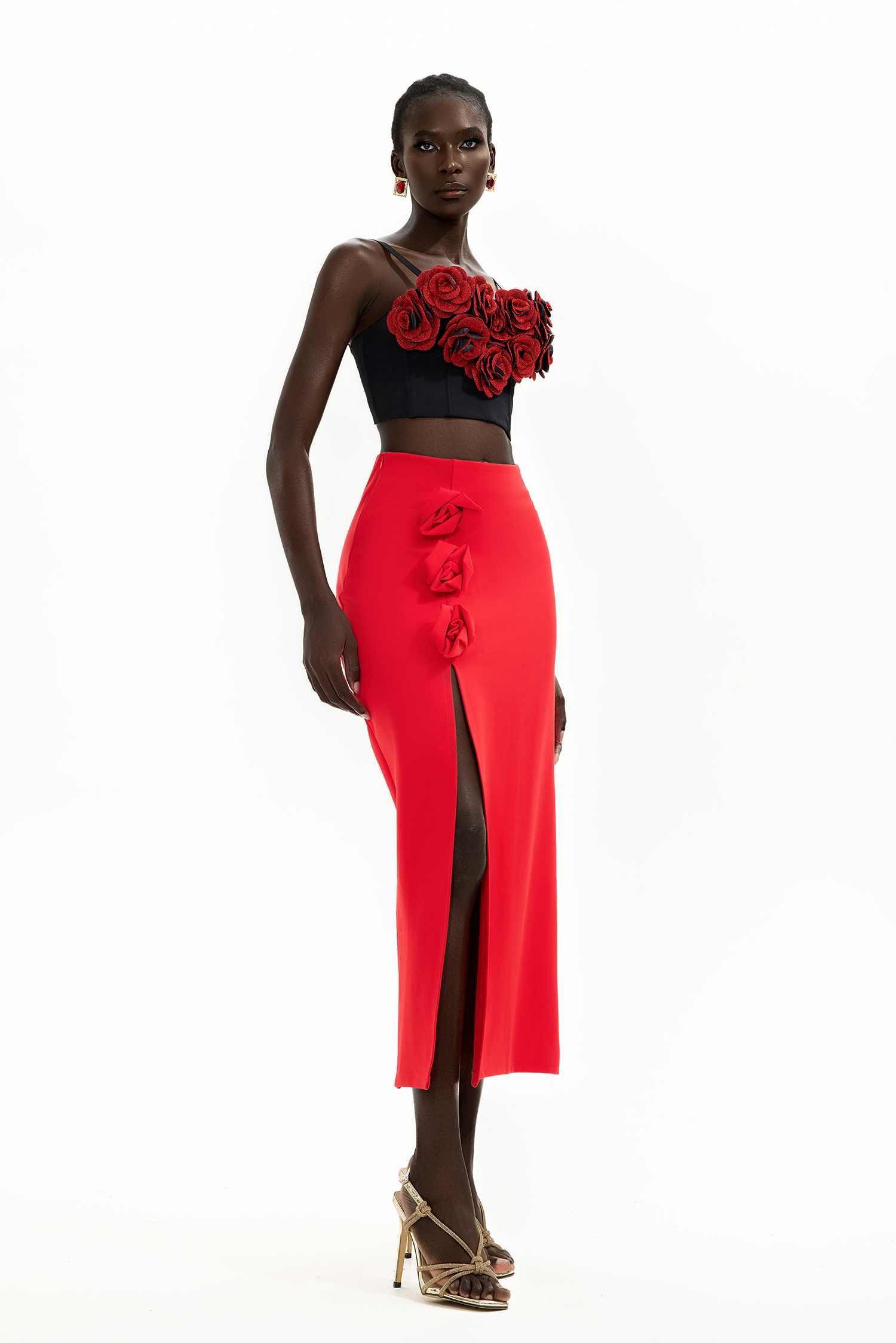 3D Flower High Waist Split Midi Skirt