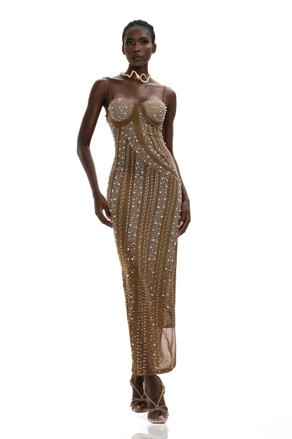 Rhinestone Sweetheart Neck Maxi Dress
