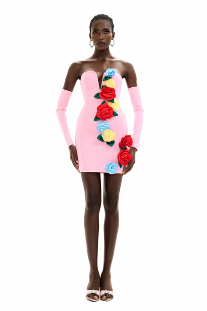 Bandage 3D Flower Strapless Mini Dress