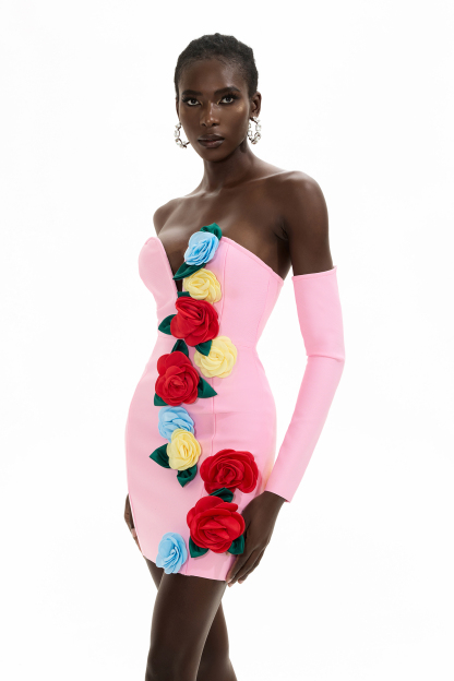 Bandage 3D Flower Strapless Mini Dress
