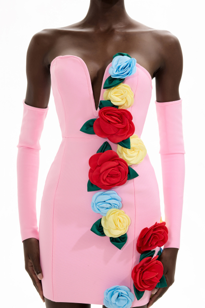 Bandage 3D Flower Strapless Mini Dress