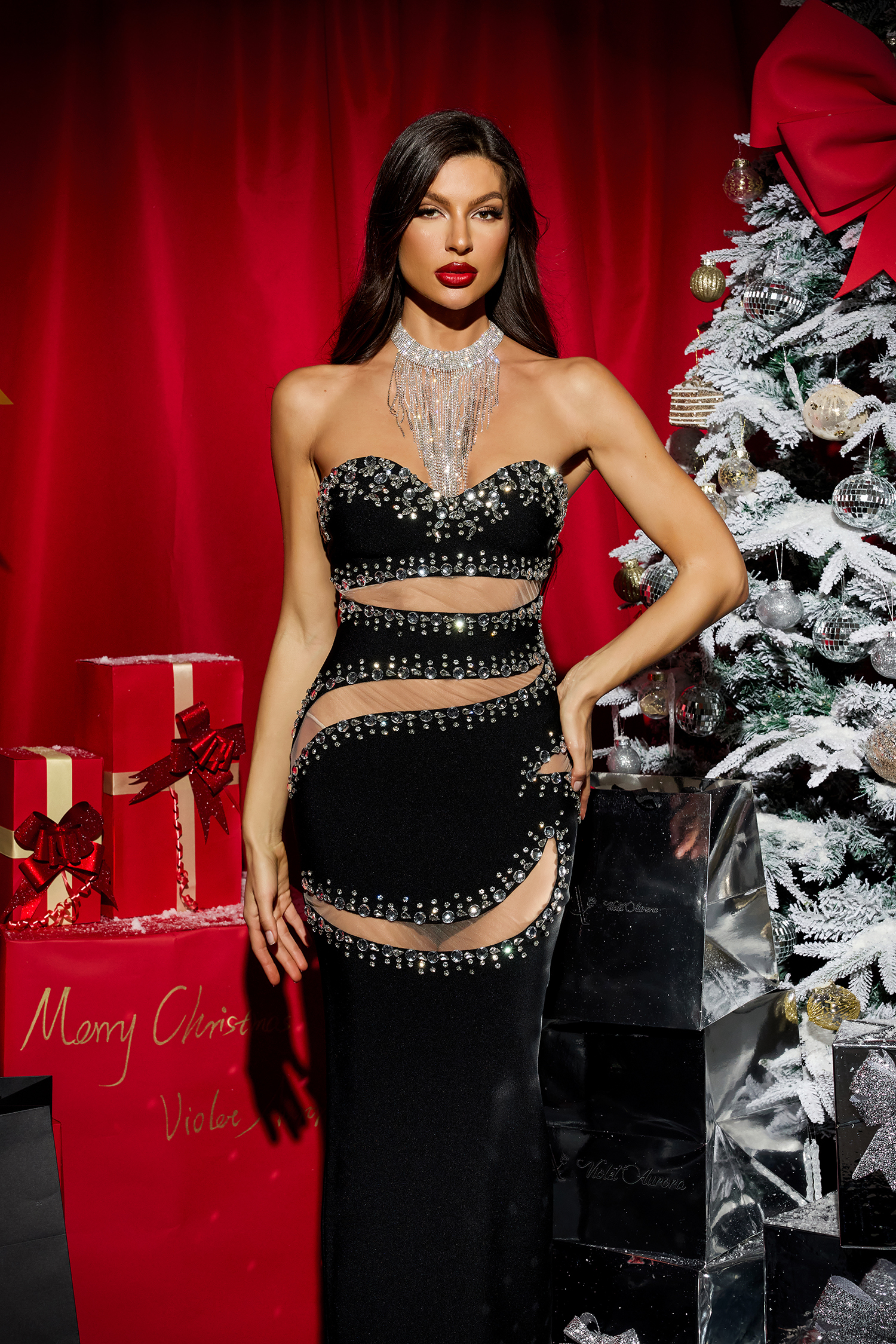 Bandage Sweetheart Neck Rhinestone Midi Dress