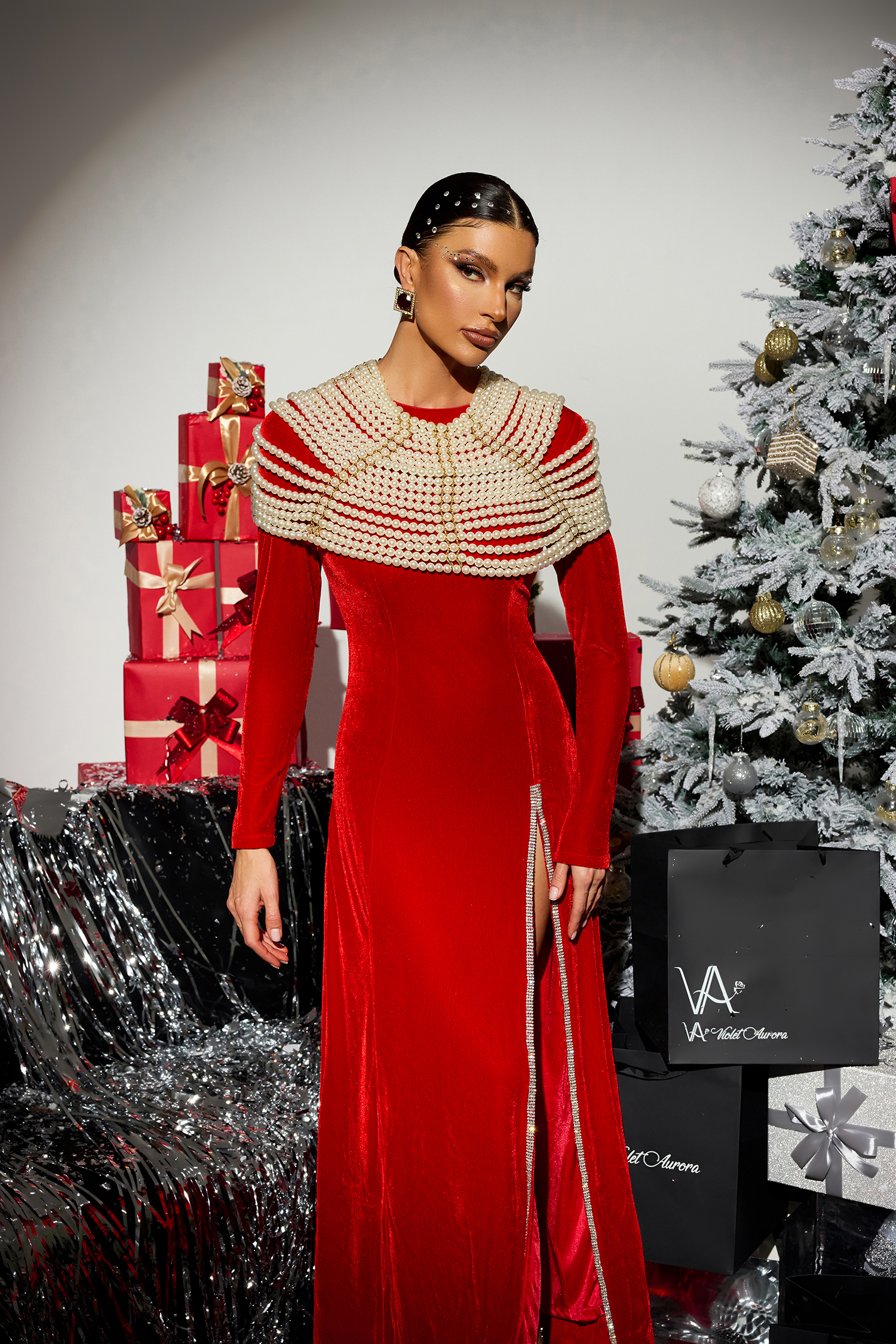 Faux Pearl Velvet High Split Midi Dress