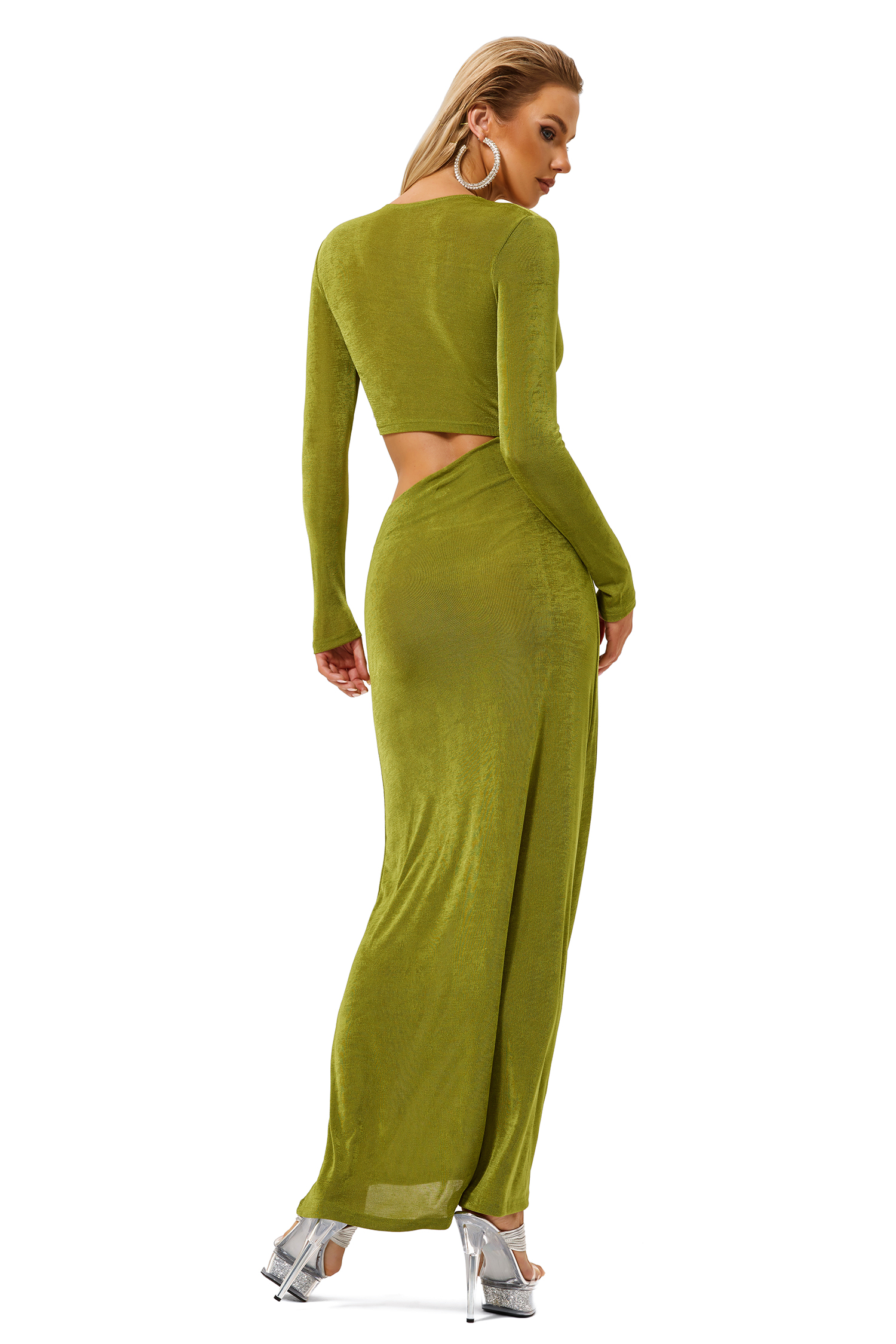 Knotted V-Neck Long Sleeve Cut Out Midi Dress