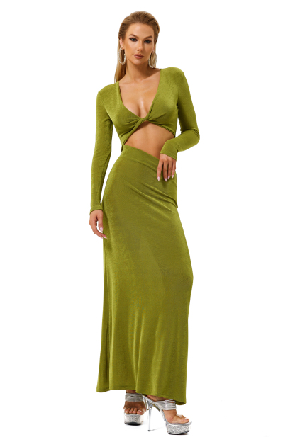 Knotted V-Neck Long Sleeve Cut Out Midi Dress