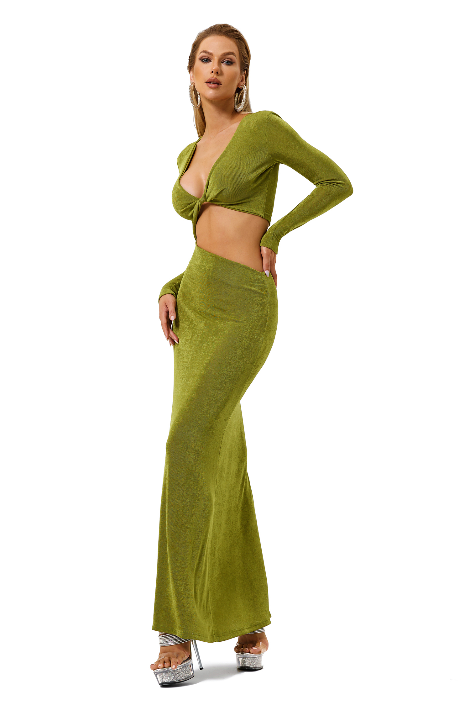 Knotted V-Neck Long Sleeve Cut Out Midi Dress