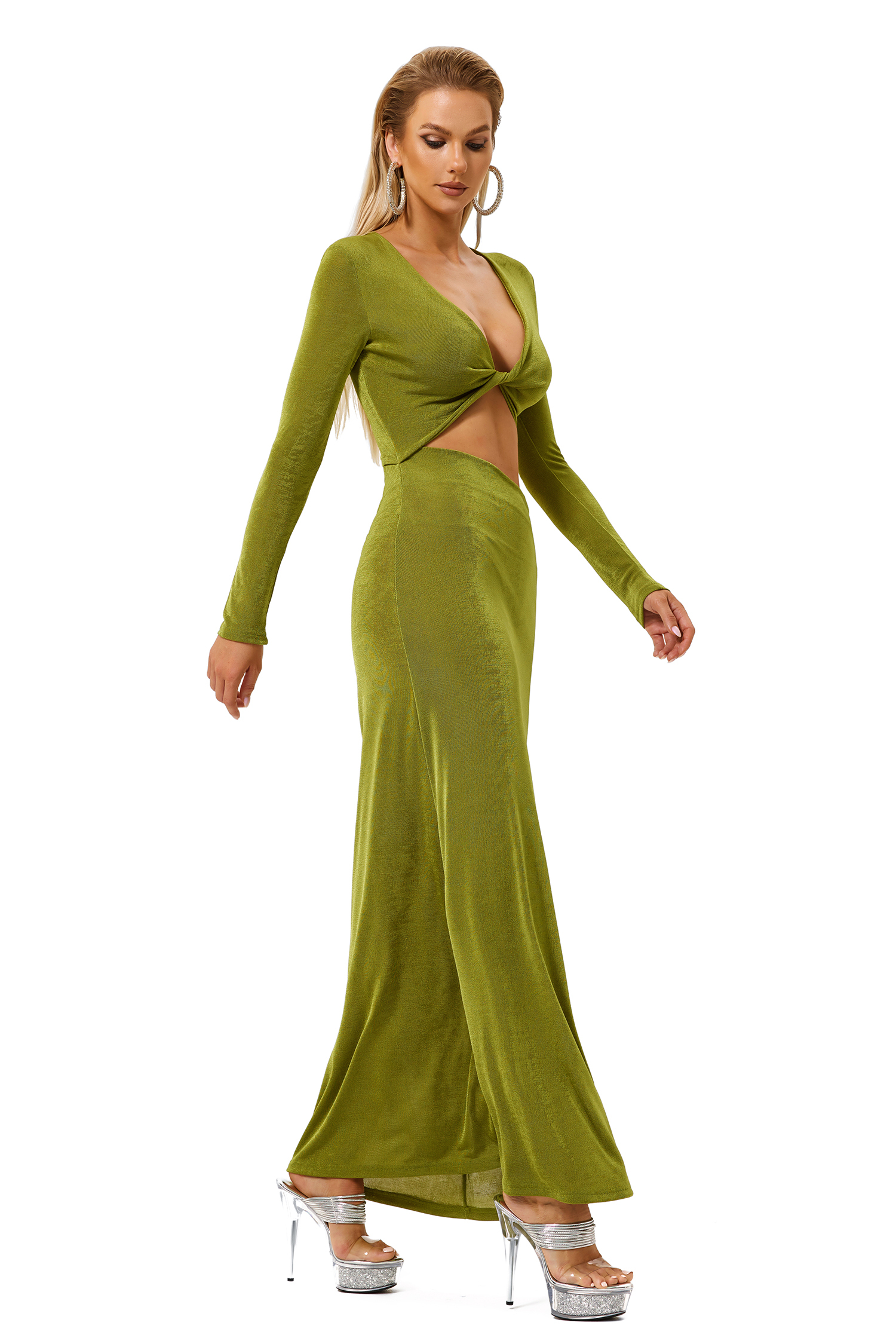 Knotted V-Neck Long Sleeve Cut Out Midi Dress