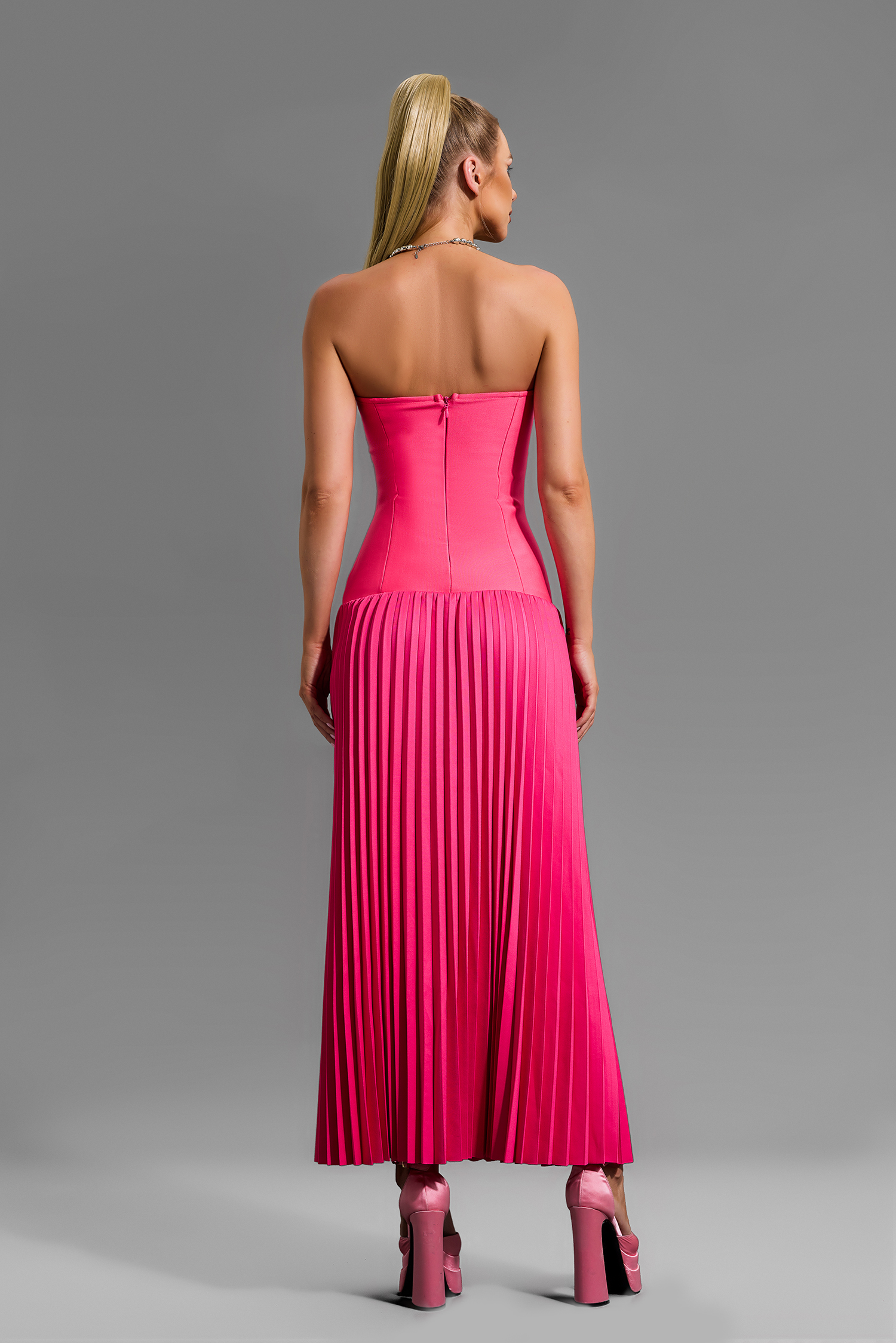 Rhinestone Off-Shoulder Pleat Midi Dress