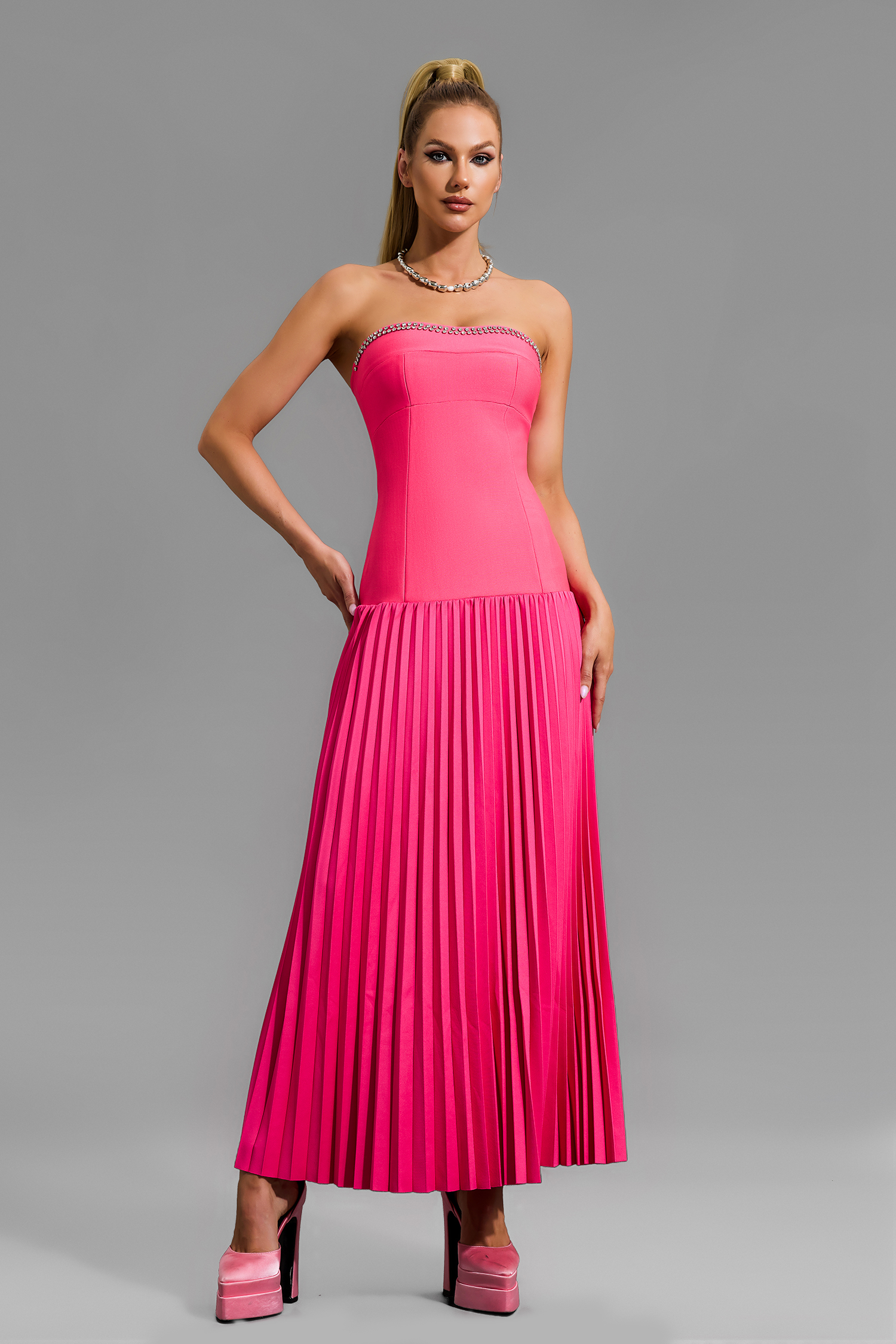 Rhinestone Off-Shoulder Pleat Midi Dress