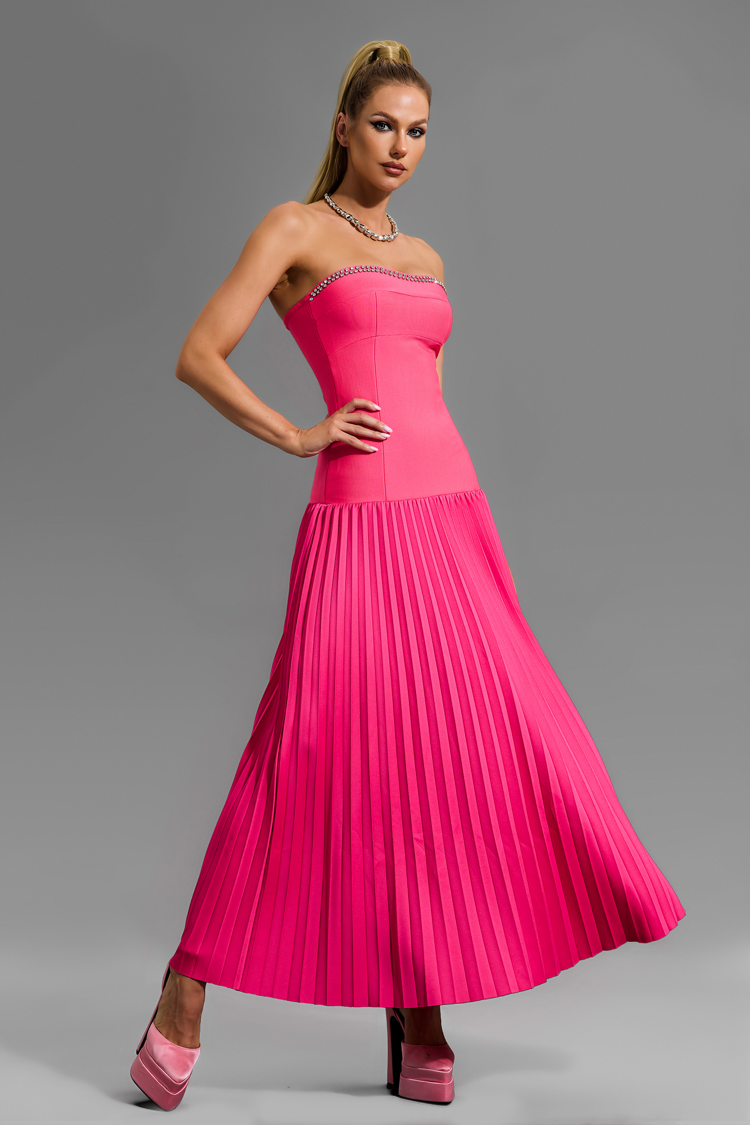 Rhinestone Off-Shoulder Pleat Midi Dress