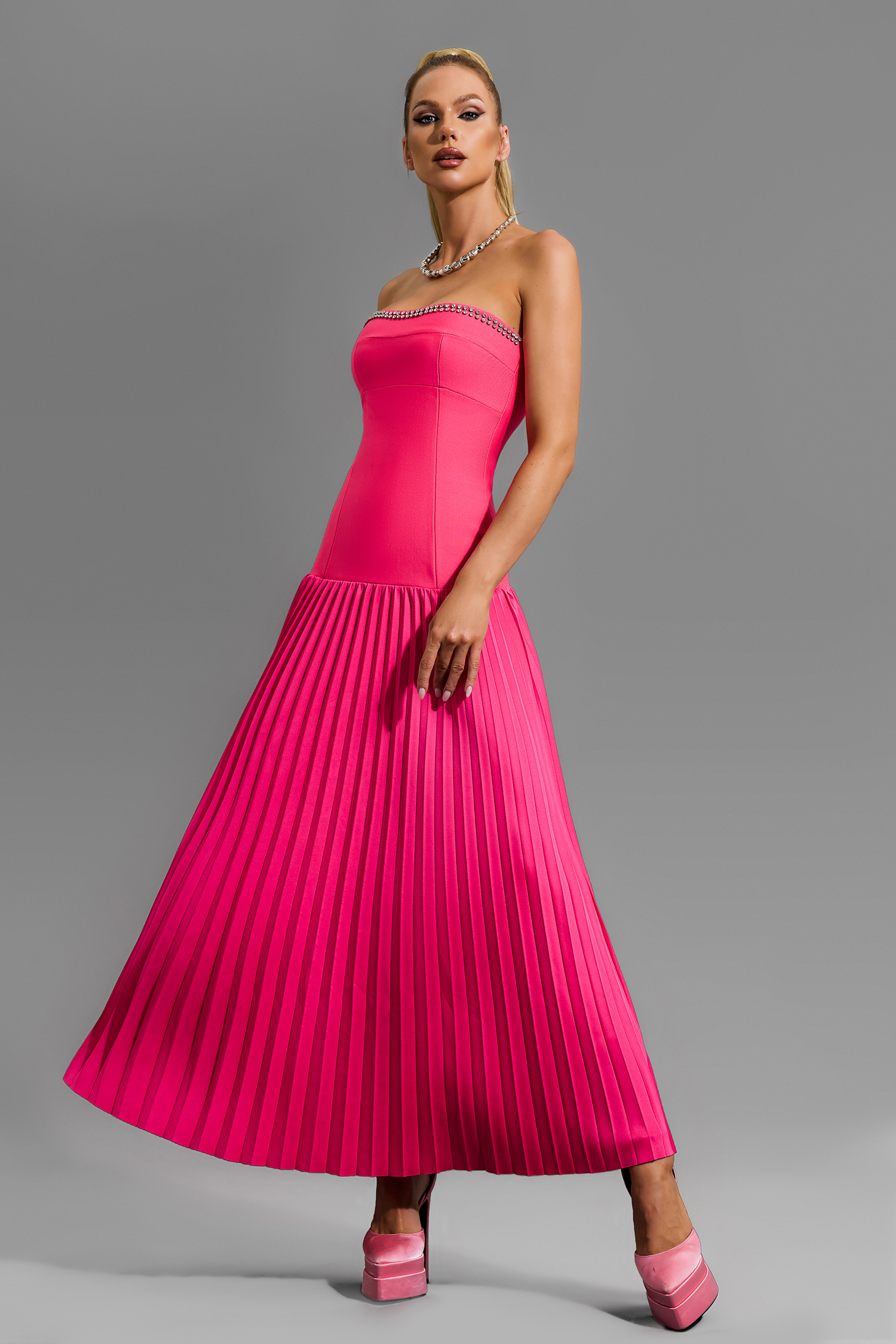 Rhinestone Off-Shoulder Pleat Midi Dress