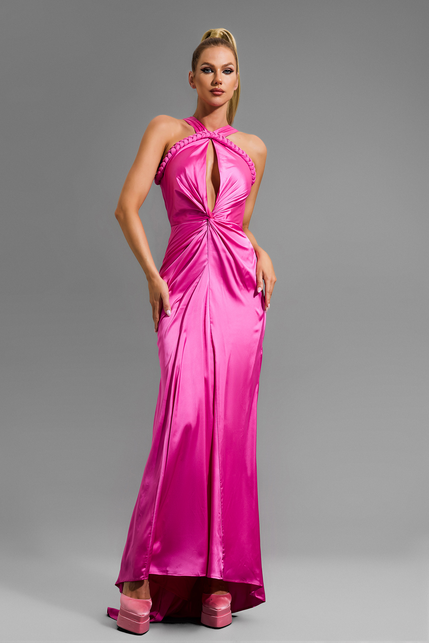 Satin Solid Halter Neck Midi Dress