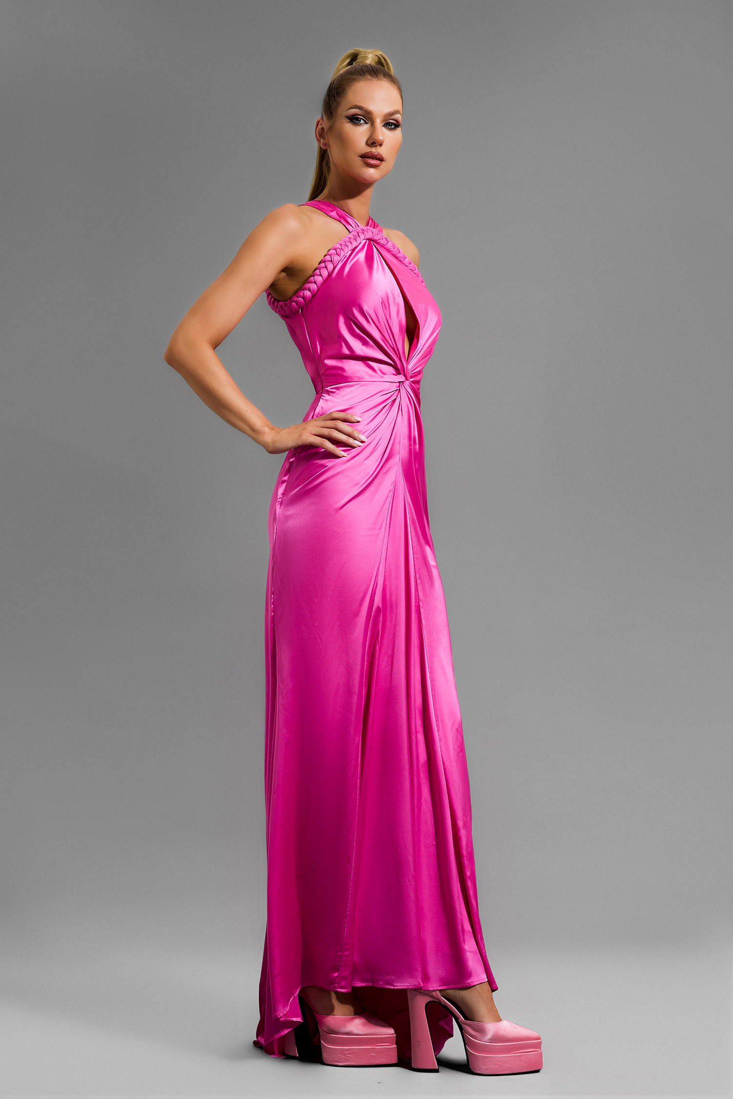 Satin Solid Halter Neck Midi Dress