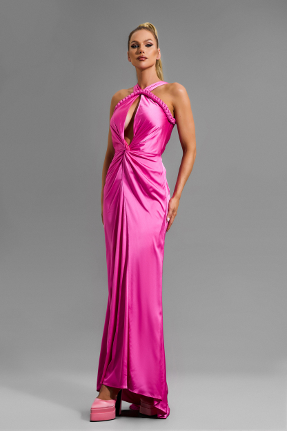 Satin Solid Halter Neck Midi Dress