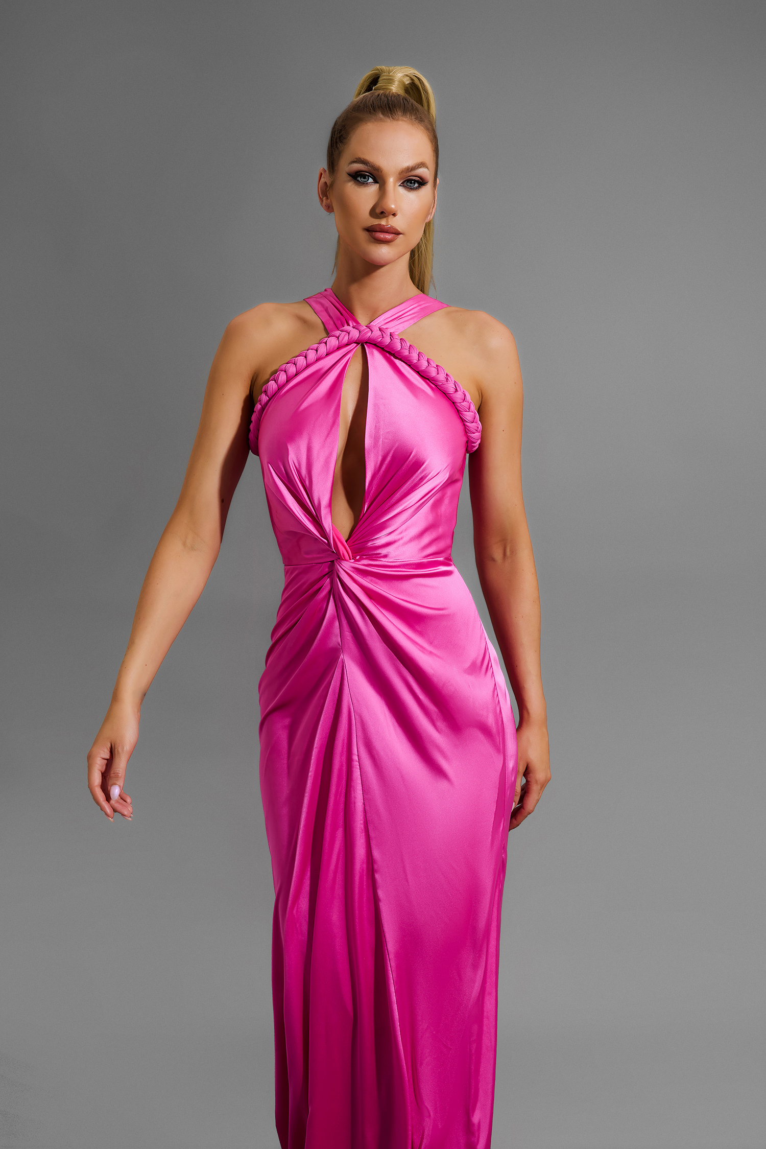 Satin Solid Halter Neck Midi Dress