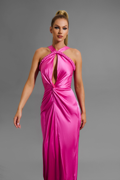 Satin Solid Halter Neck Midi Dress