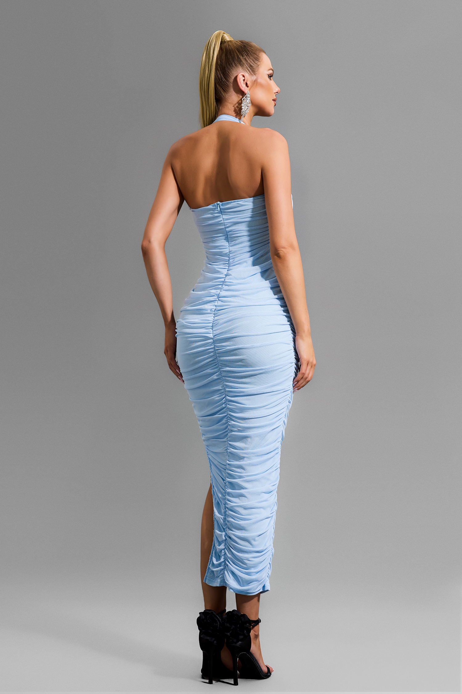 Solid Mesh Ruched Split Midi Dress