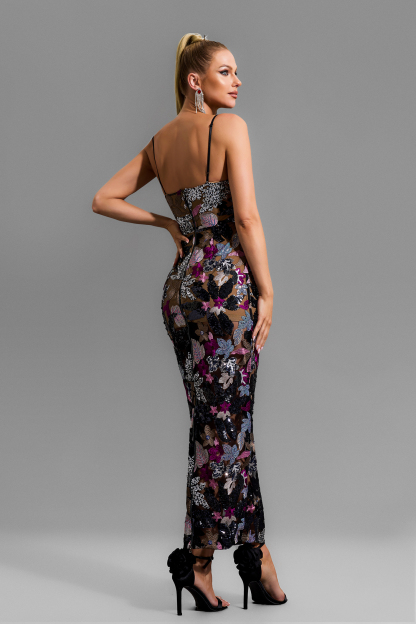 Floral Sequin Embroidered Slip Maxi Dress