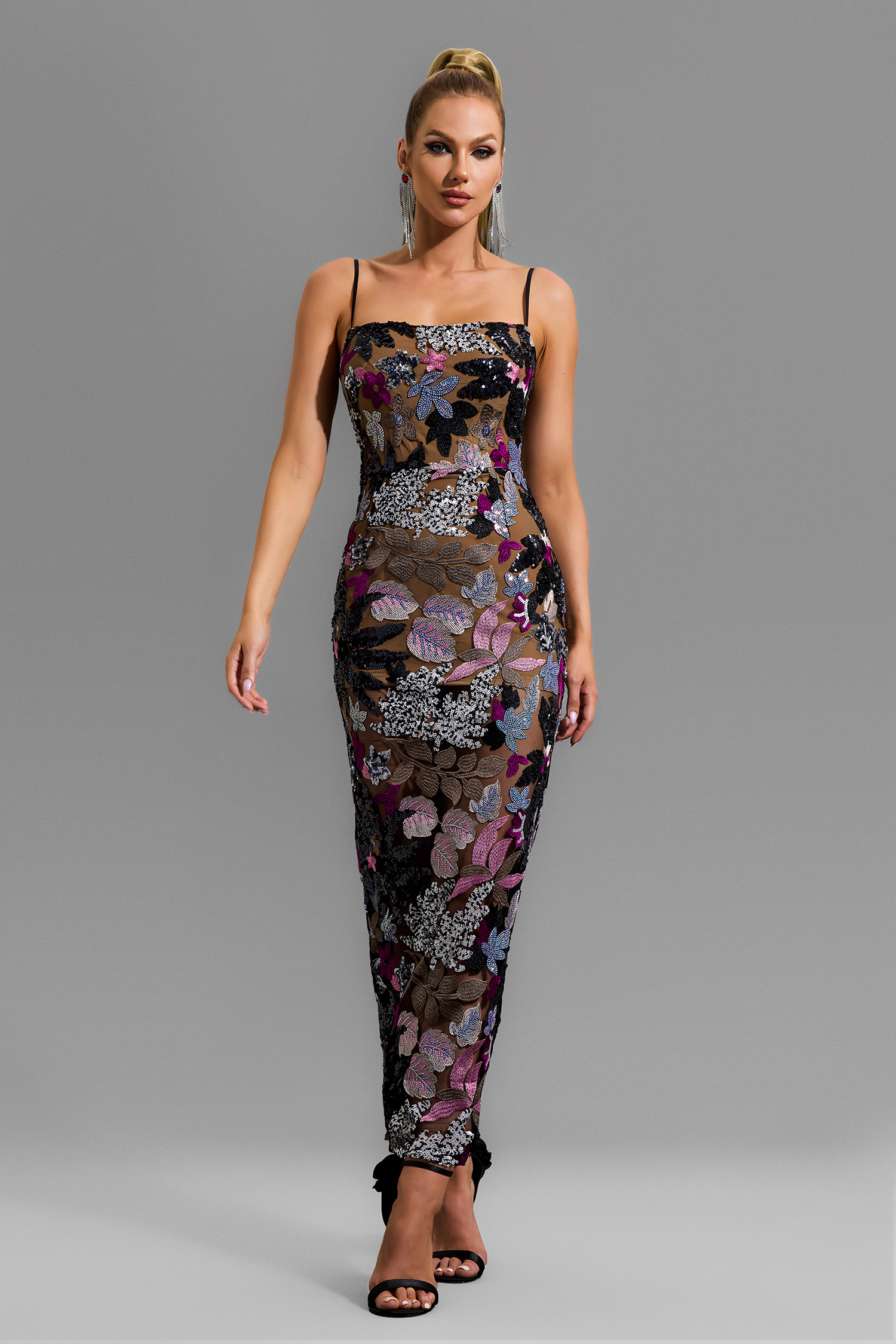 Floral Sequin Embroidered Slip Maxi Dress