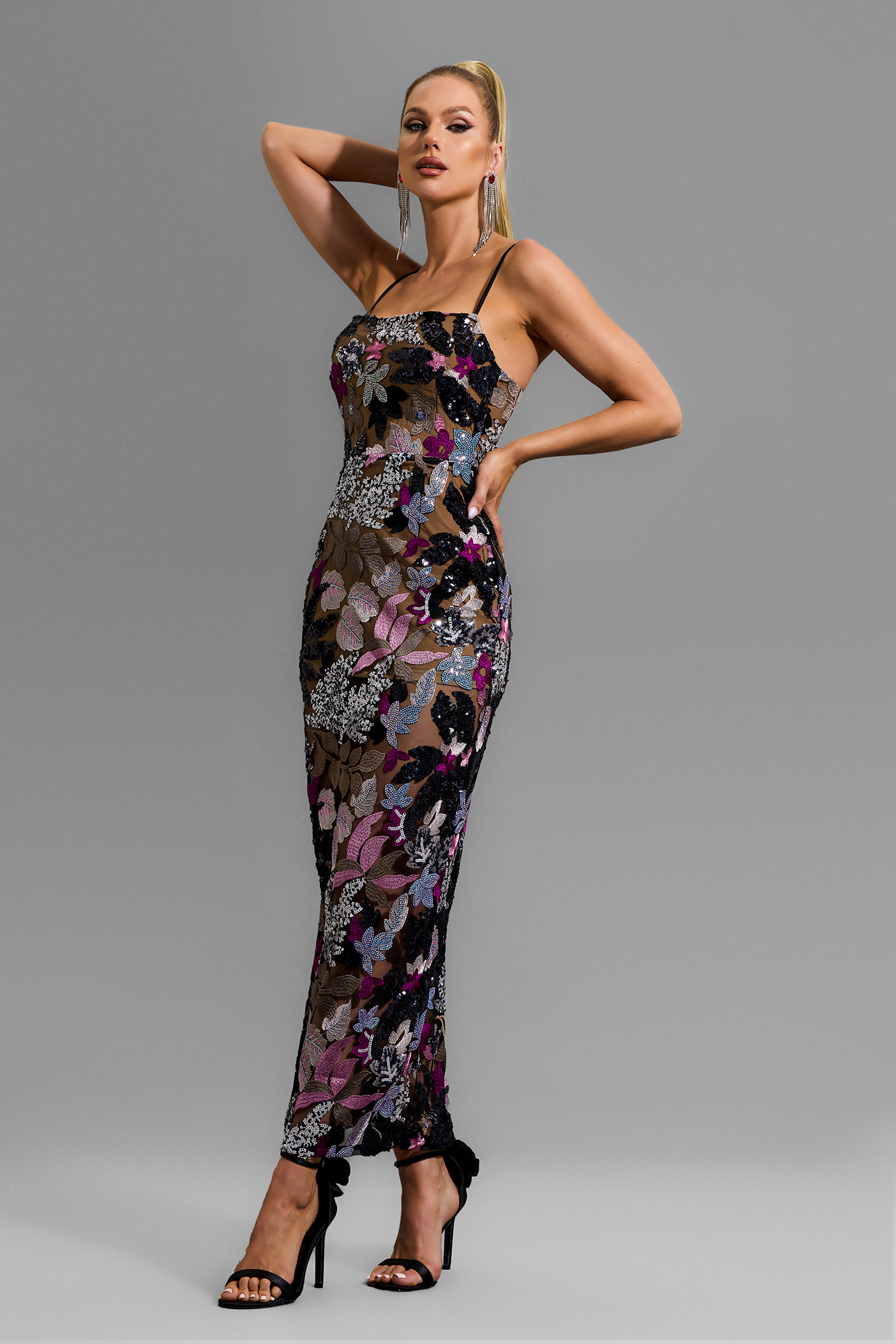 Floral Sequin Embroidered Slip Maxi Dress