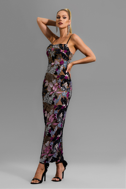 Floral Sequin Embroidered Slip Maxi Dress