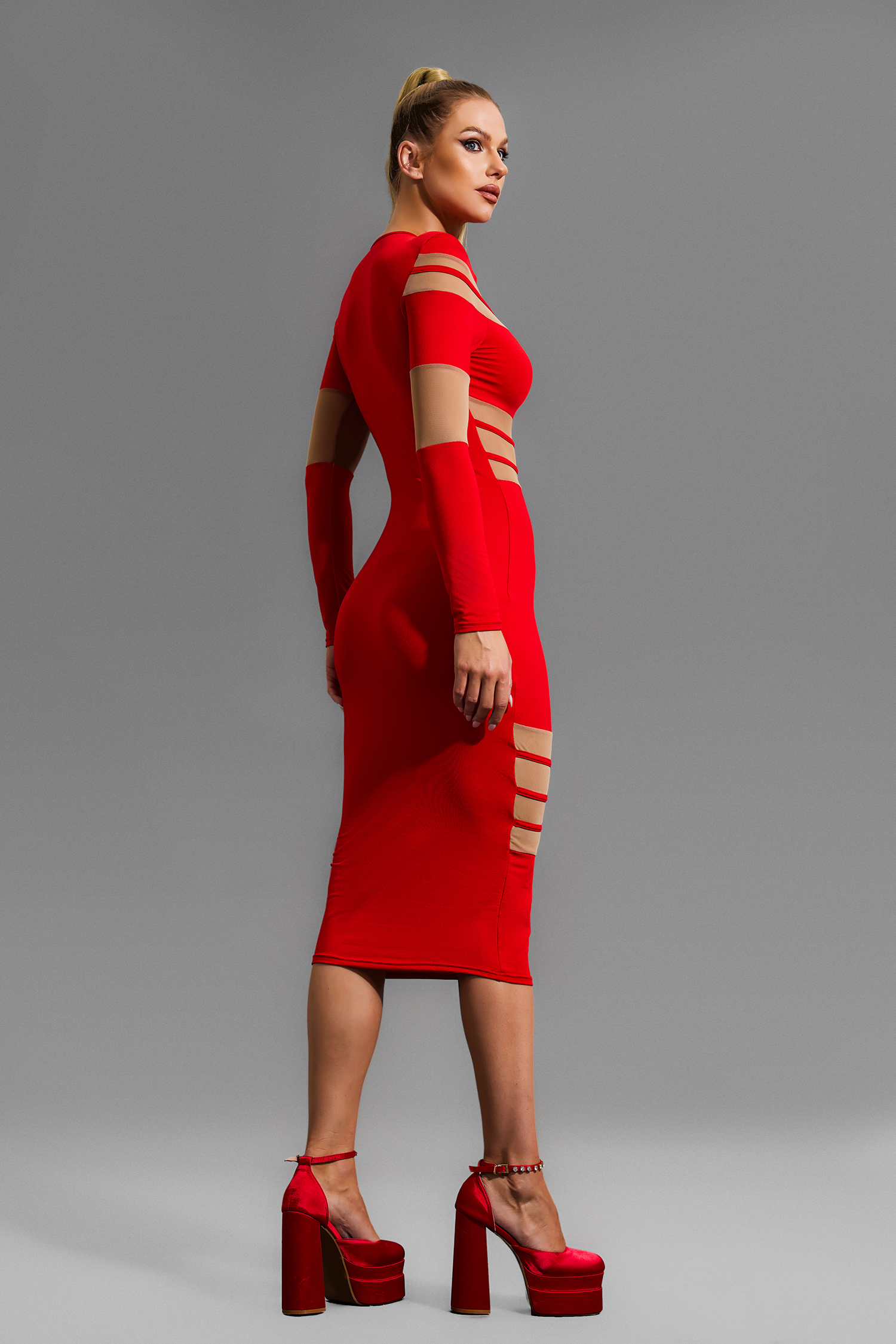 Long Sleeve Round Neck See-Through Midi Dress