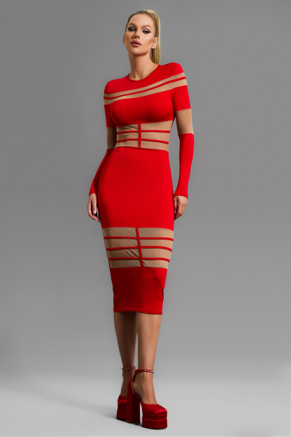 Long Sleeve Round Neck See-Through Midi Dress