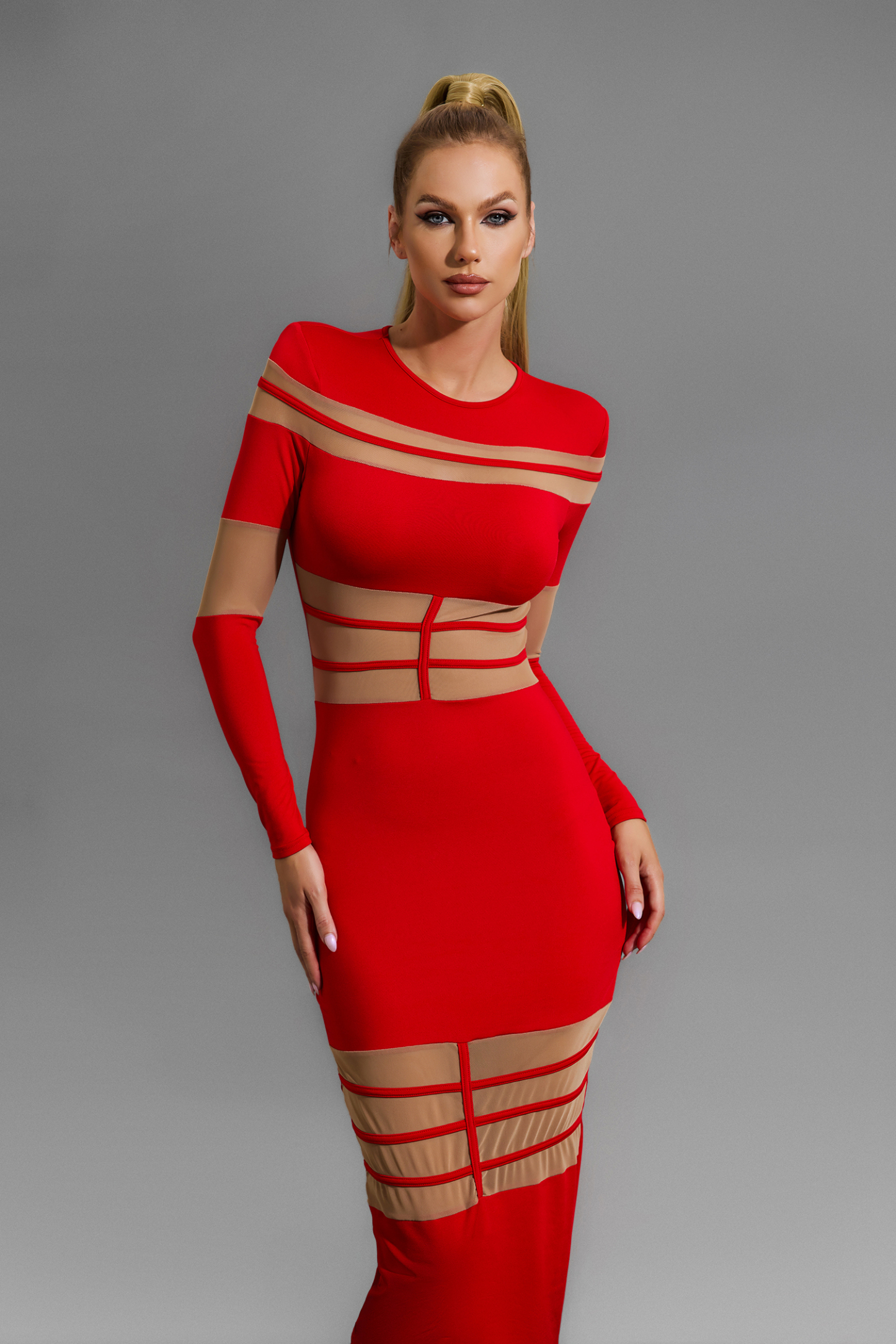 Long Sleeve Round Neck See-Through Midi Dress