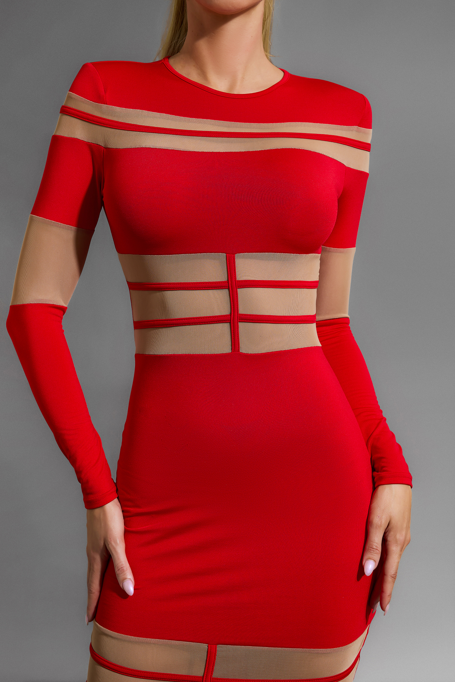 Long Sleeve Round Neck See-Through Midi Dress