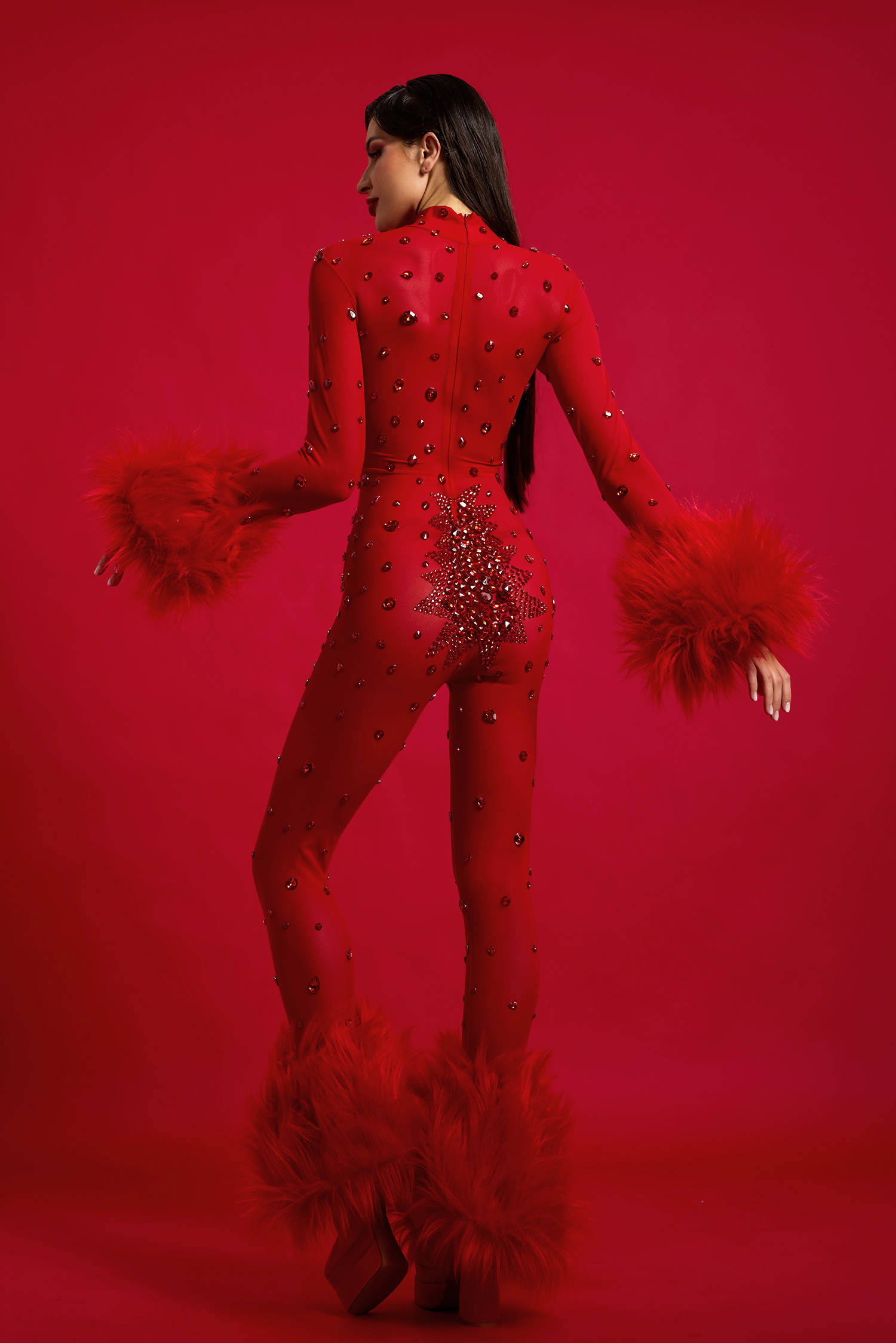 Faux Fur Fabric High Neck Long Sleeve Jumpsuit