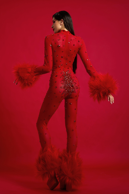 Faux Fur Fabric High Neck Long Sleeve Jumpsuit